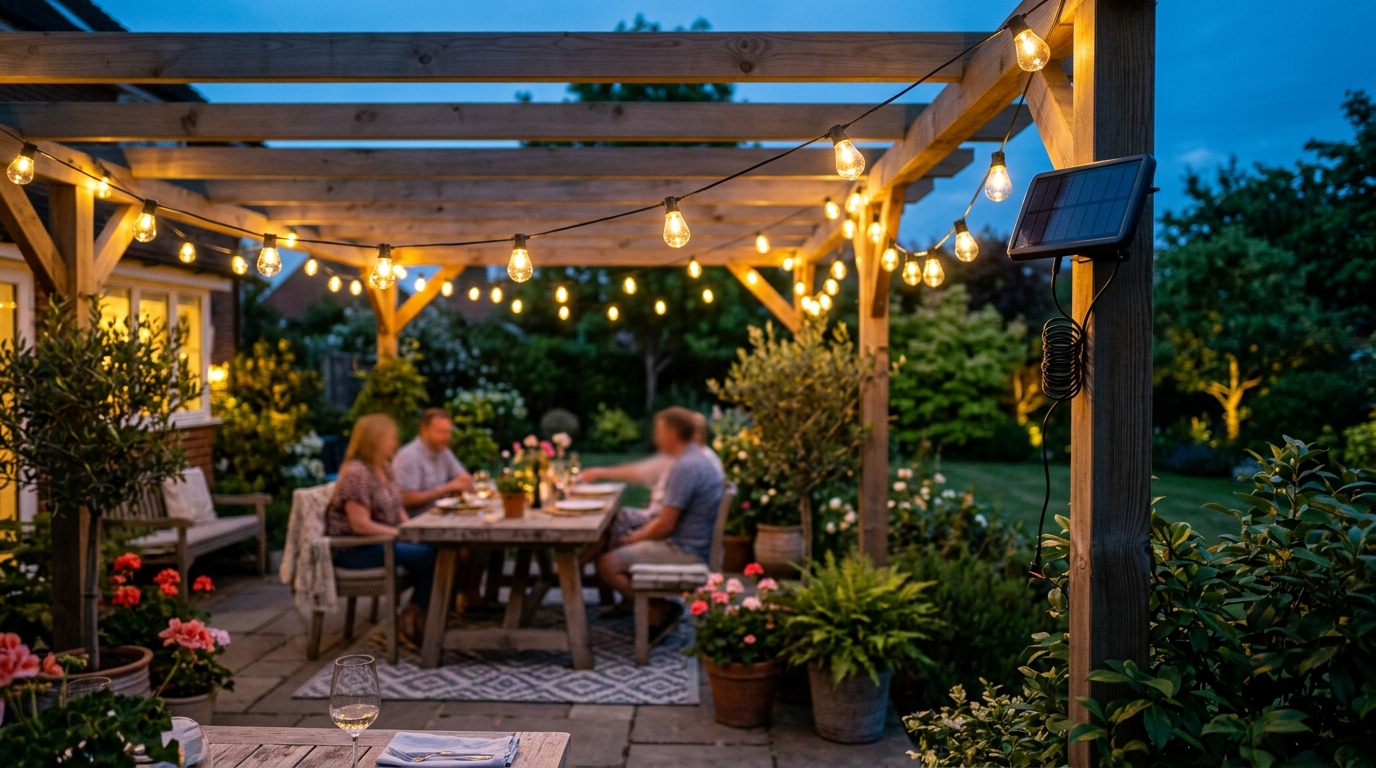 Guirlande lumineuse solaire installée dans un jardin